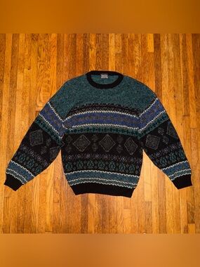 Vintage New Era Blue, Green & Black Patterned Sweater M